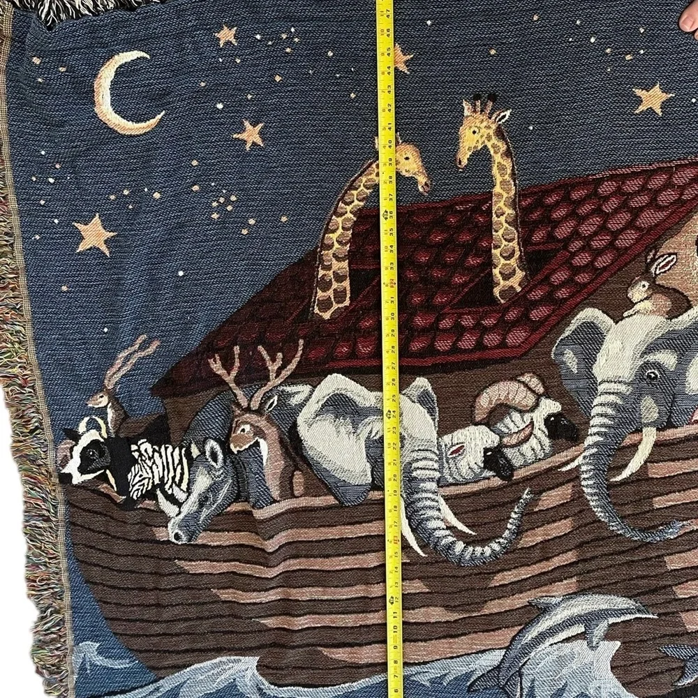 Vtg Woven Throw Blanket Noahs Ark Animals Fringed 65”x50”
